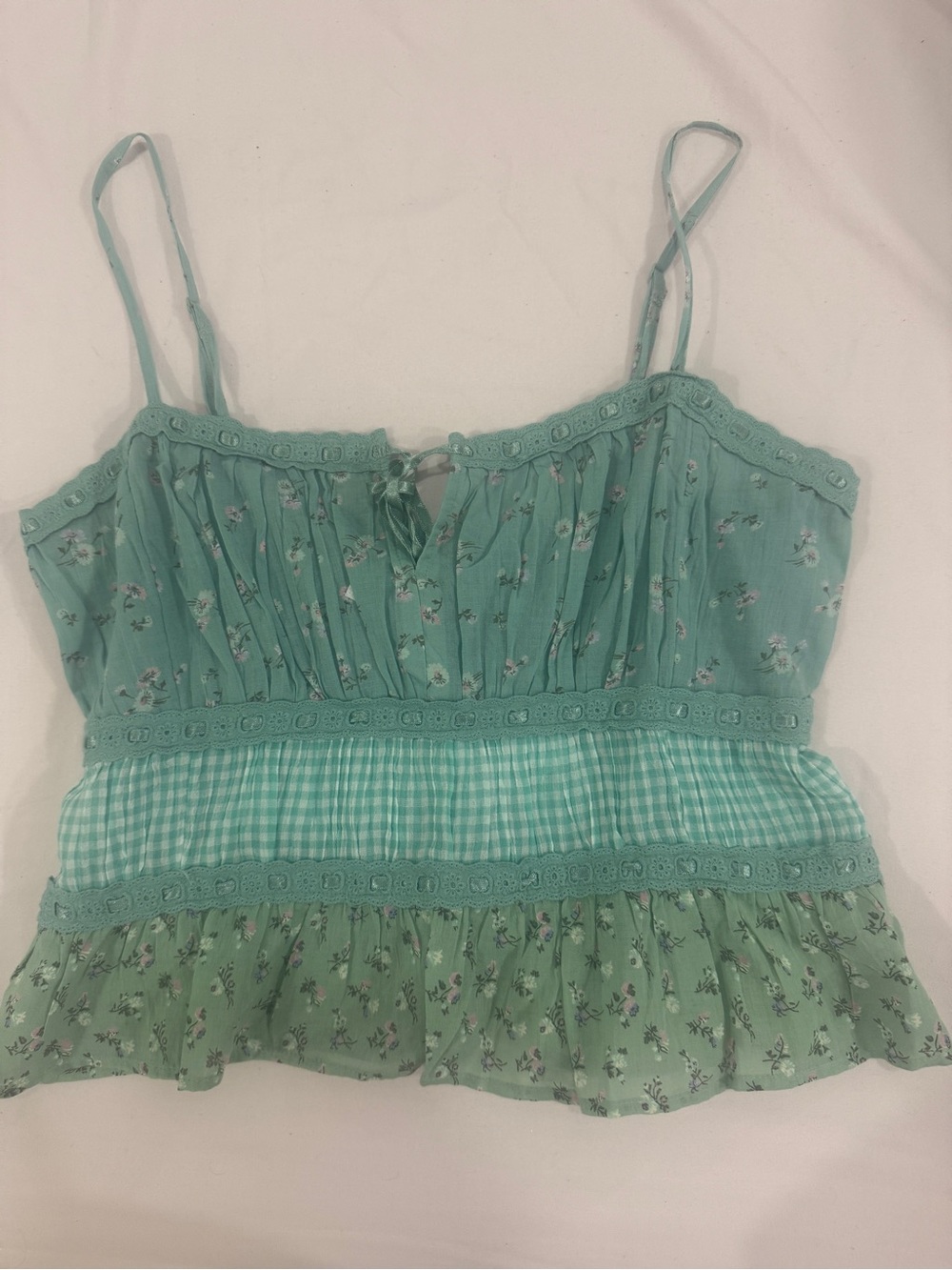American Eagle Outfitters Mint Green Floral Gingham Trim Cami